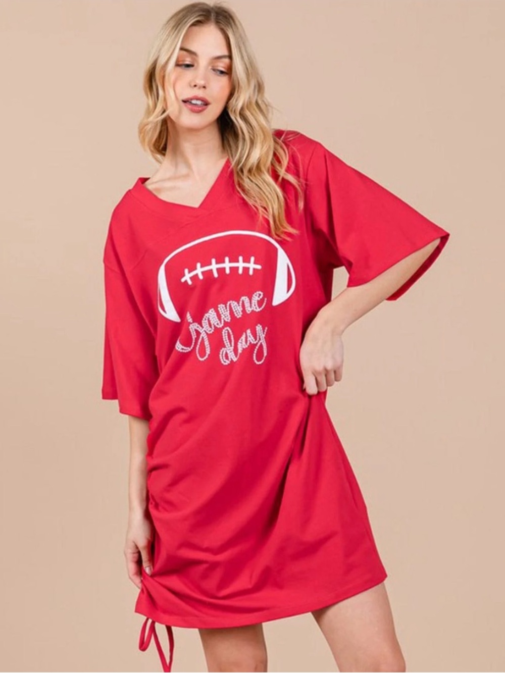 317 CES FEMME WOMEN'S SHORT SLEEVE V-NECK SIDE RUCHED GRAPHIC MINI DRESS - Picture 2 of 3